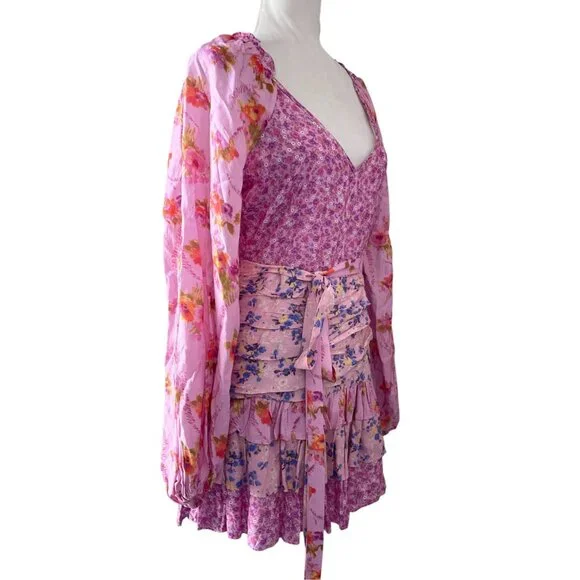 For Love Bell Pink Patchwork Ruffle Mini Dress Boho SZ M - Picture 3 of 16